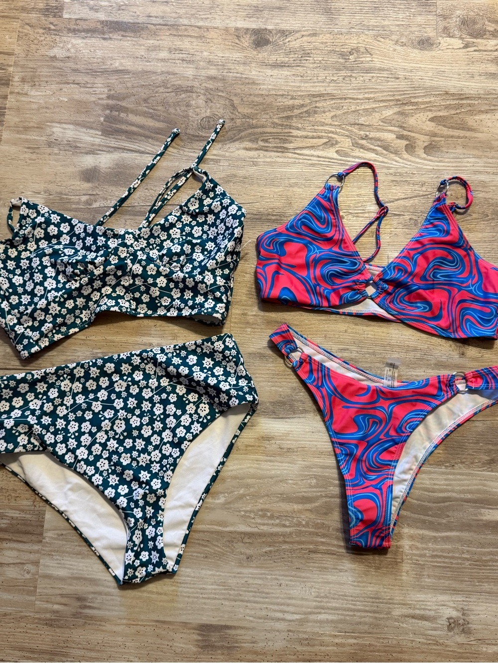SHEIN Green Floral High-Waist Bikini Set & Pink Blue Swirl Bikini